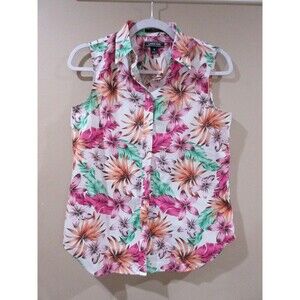 Lands End 4 Pink Tropical Floral No Iron Sleeveless Button Down Shirt Top Cotton